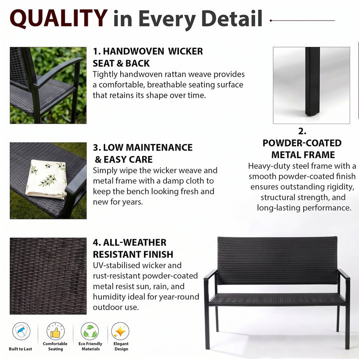 Franco Wicker 2 Seater Garden Bench for Outdoor Park - (Black)
