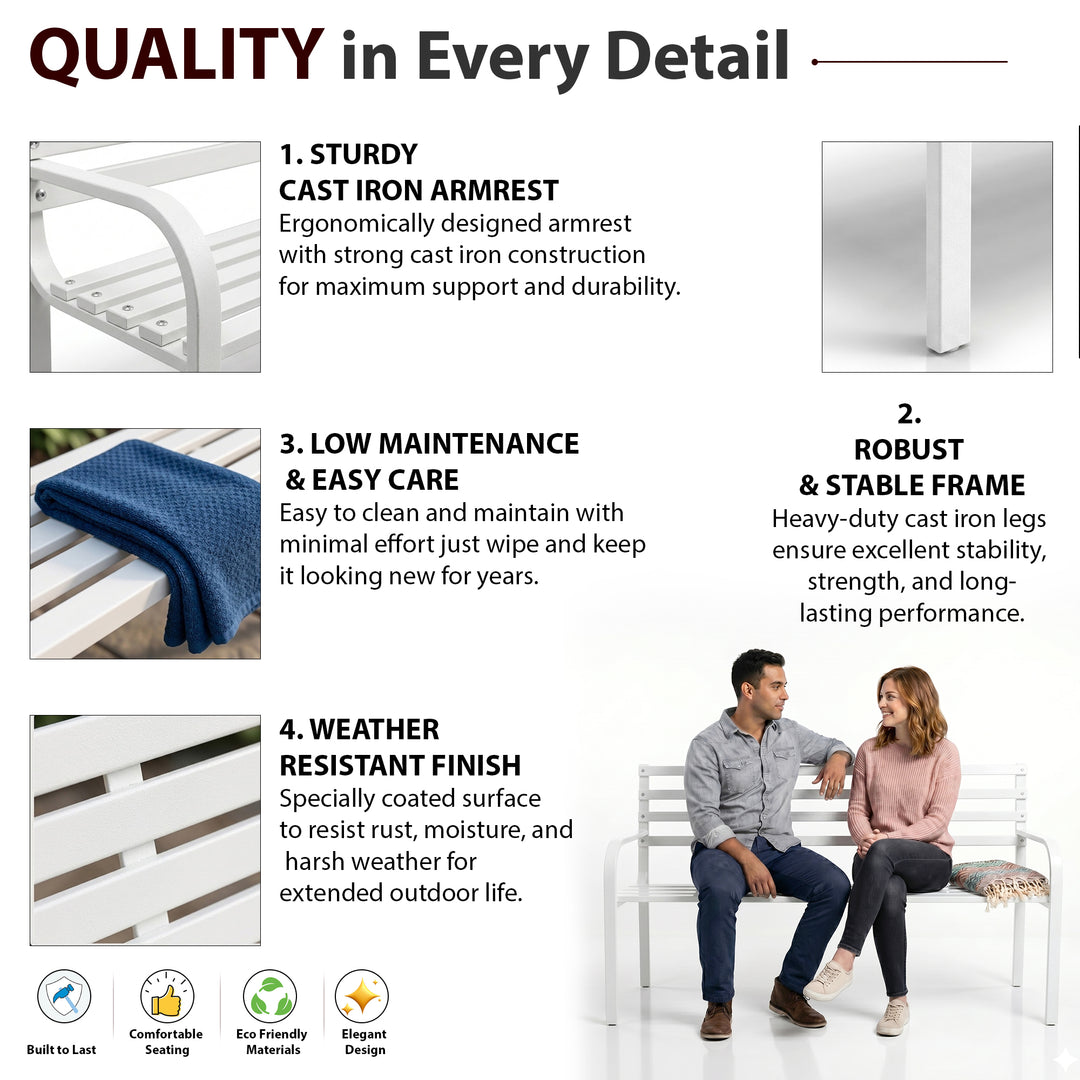Unity Metal 3 Seater Garden Bench for Outdoor Park - (White)
