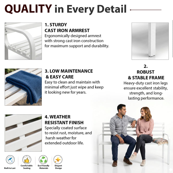 Unity Metal 3 Seater Garden Bench for Outdoor Park - (White)