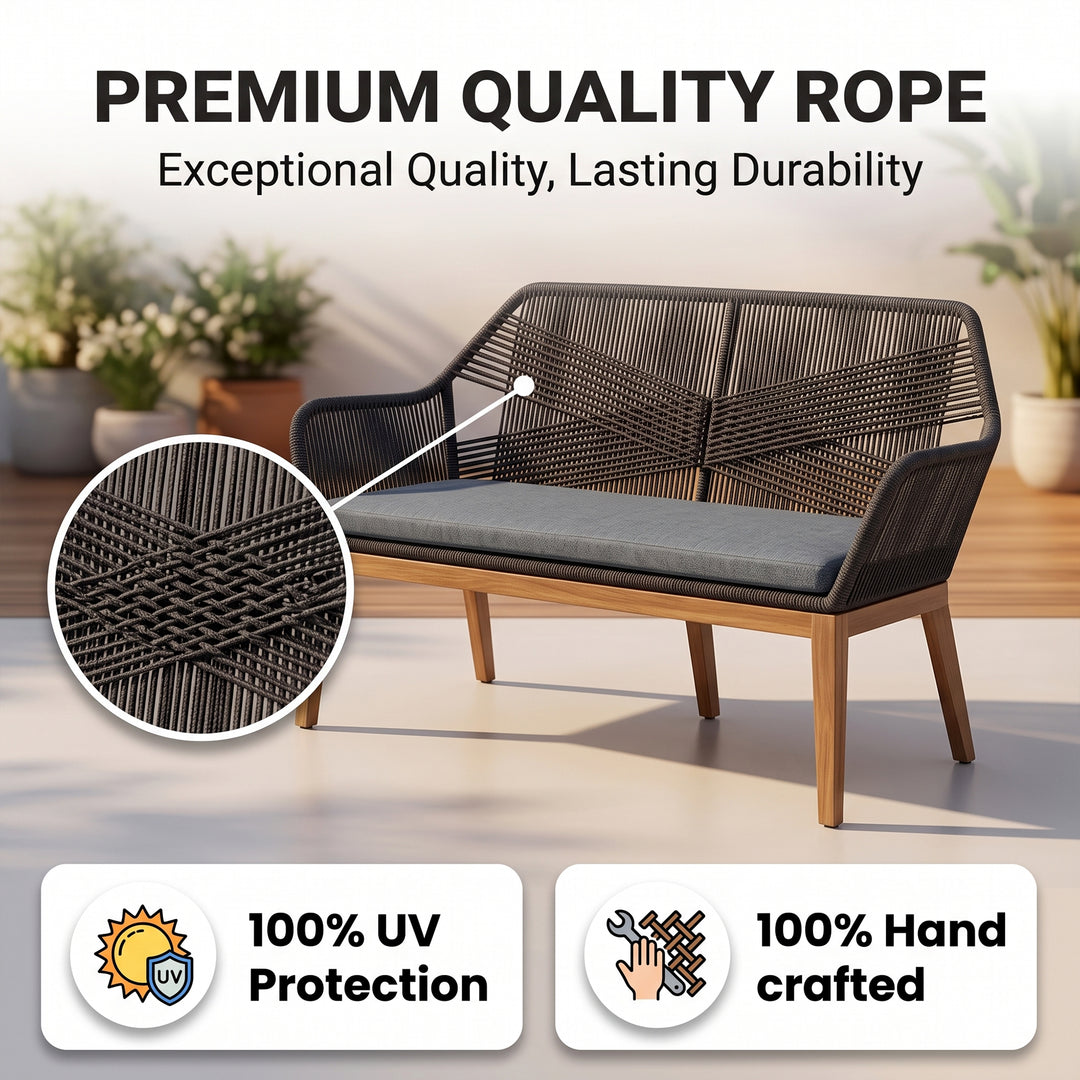 Cybella Outdoor Garden Balcony Sofa Set 2 Seater , 2 Single Seater 1 Center Table Set (Black) Braided and Rope