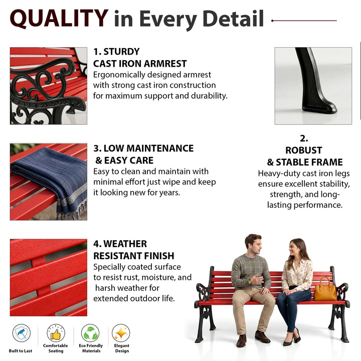 Rely Cast Iron 3 Seater Garden Bench for Outdoor Park - (Black + Red)