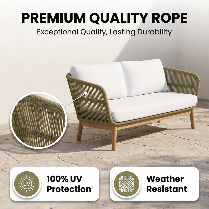 Gala Outdoor Garden Balcony Sofa Set 2 Seater , 2 Single Seater 1 Center Table Set (Cream) Teak Wood and Braided & Rope