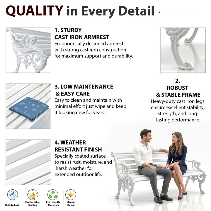 Zahraa Cast Iron 3 Seater Garden Bench for Outdoor Park - (White)