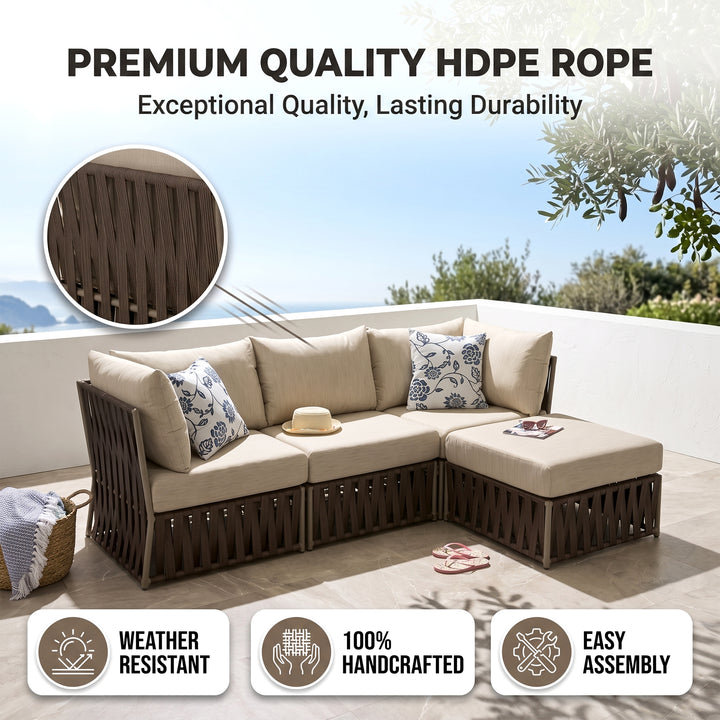 Adán Outdoor Sofa Set 3 Seater and 1 Center Table Set Braided & Rope