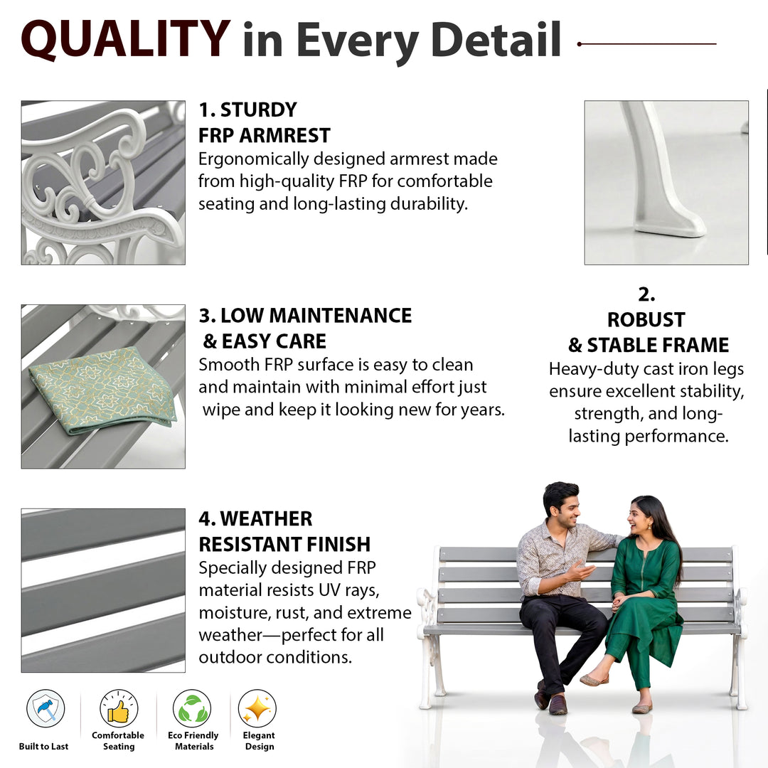 Eira Cast Iron 3 Seater FRP Garden Bench for Outdoor Park - (White + Grey)