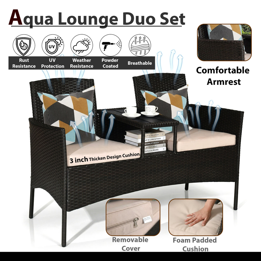 Dreamline Outdoor Furniture Garden Patio Seating Set of 2 Attached Chairs and Table Set Balcony Furniture Coffee Table Set(Black)