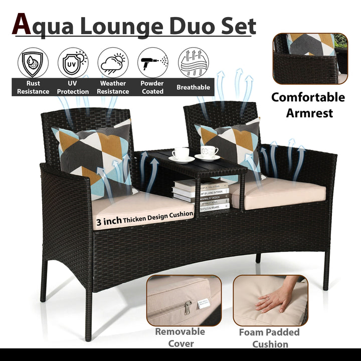 Dreamline Outdoor Furniture Garden Patio Seating Set of 2 Attached Chairs and Table Set Balcony Furniture Coffee Table Set(Black)