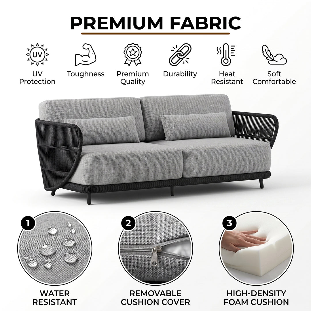 Zym Folk Outdoor Garden Balcony Sofa Set 3 Seater , 1 Single Seater 1 Center Table 1 Side Table Set (Grey) Braided and Rope