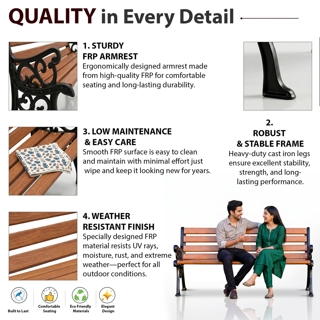Lynn Cast Iron 3 Seater FRP Garden Bench for Outdoor Park - (Black+ Wooden Texture)