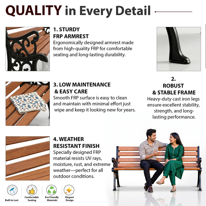 Lynn Cast Iron 3 Seater FRP Garden Bench for Outdoor Park - (Black+ Wooden Texture)