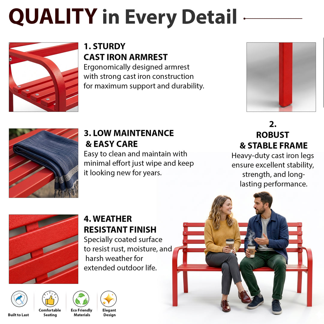 Nester Metal 2 Seater Garden Bench for Outdoor Park - (Red)