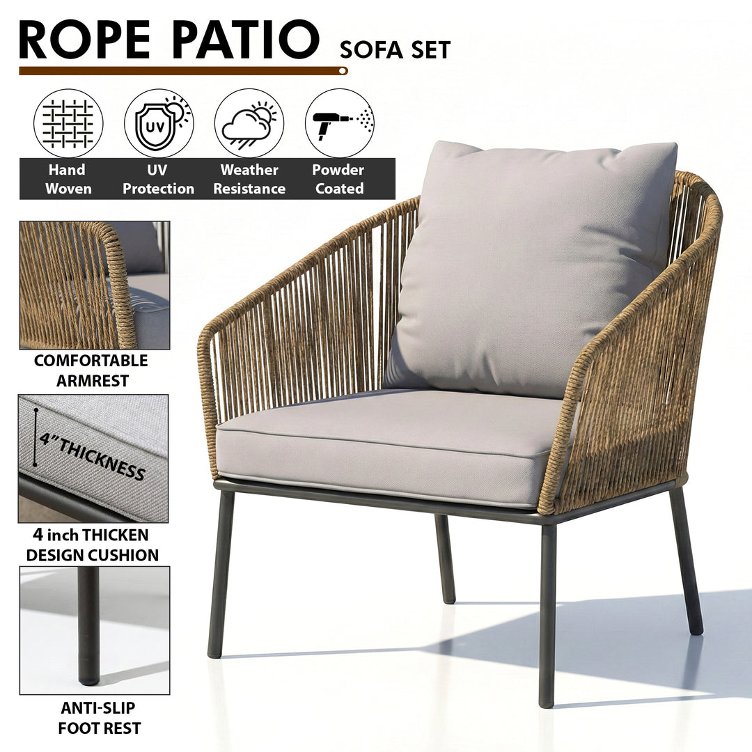 Goons Outdoor Sofa Set 3 Seater , 2 Single seater and 1 Center Table Set (Khaki) Braided & Rope