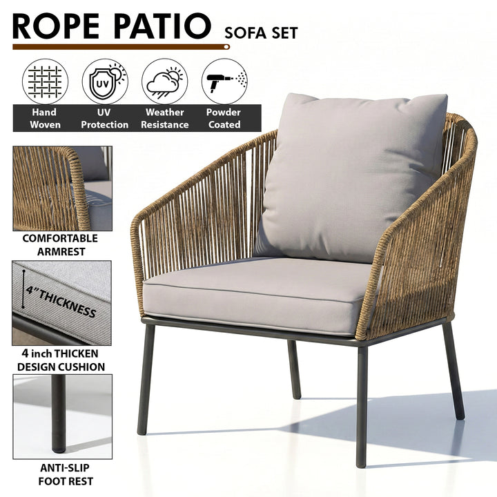 Goons Outdoor Sofa Set 3 Seater , 2 Single seater and 1 Center Table Set (Khaki) Braided & Rope