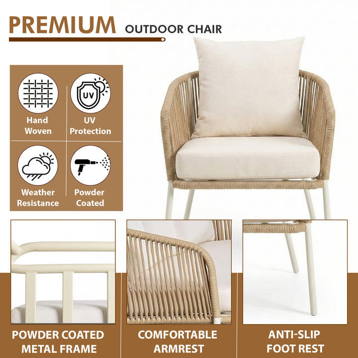 Rumi Outdoor Garden Balcony Sofa Set 3 Seater , 2 Single Seater 1 Center Table Set (White) Braided and Rope