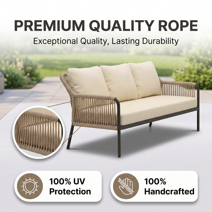 Jisax Outdoor Garden Balcony Sofa Set 3 Seater,2 Single seater and 2 Center Table Set (Beige) Braided and Rope