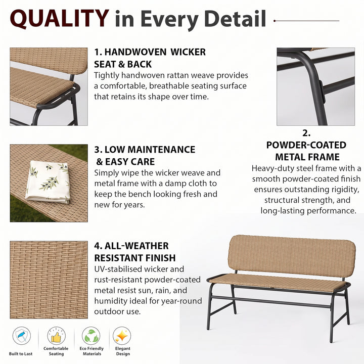 Ricci Wicker 2 Seater Garden Bench for Outdoor Park (Honey)