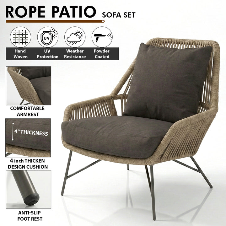 Zalit Outdoor Garden Balcony Sofa Set 3 Seater , 2 Single Seater 1 Center Table (Beige) Braided and Rope