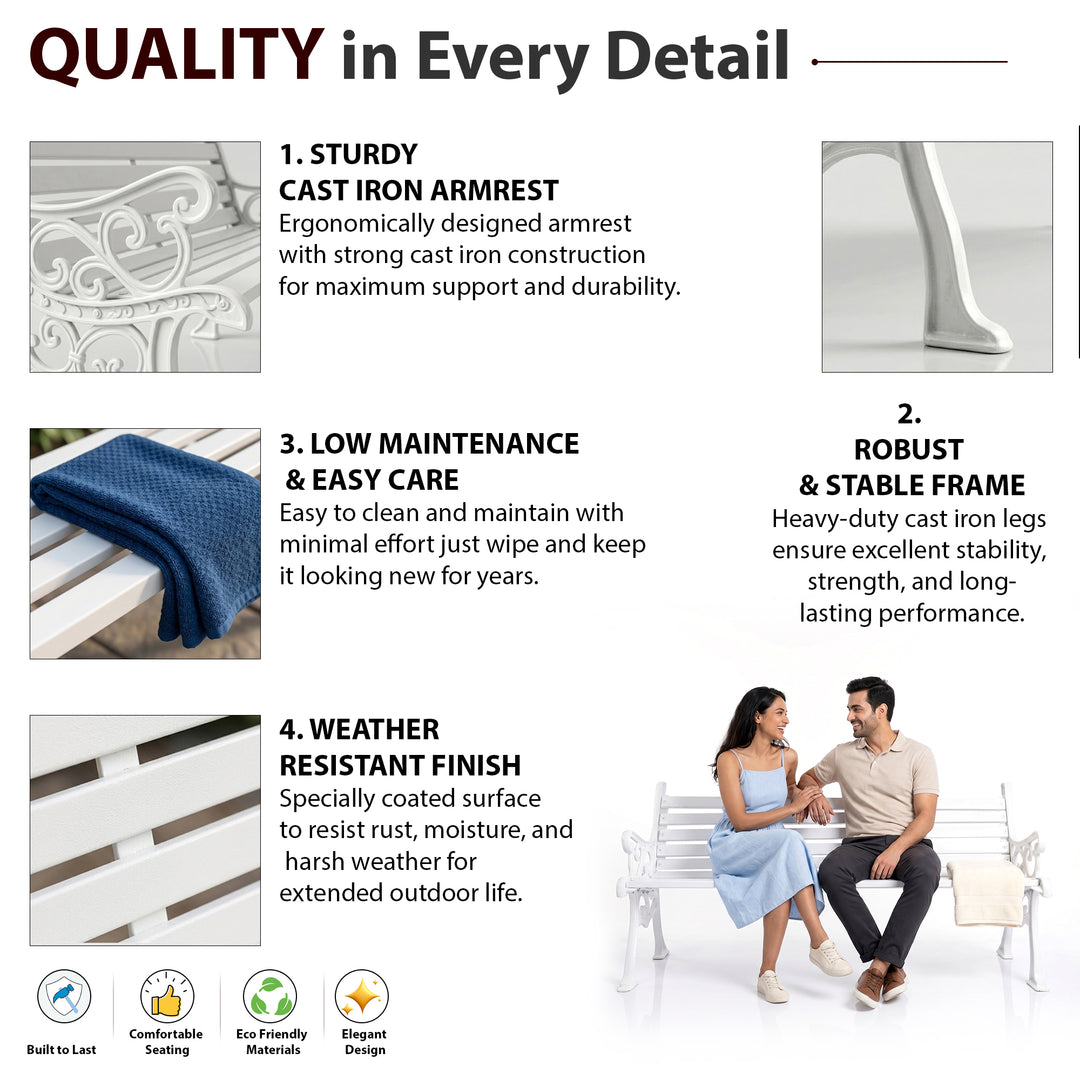 Kezia Cast Iron 3 Seater Garden Bench for Outdoor Park - (White)
