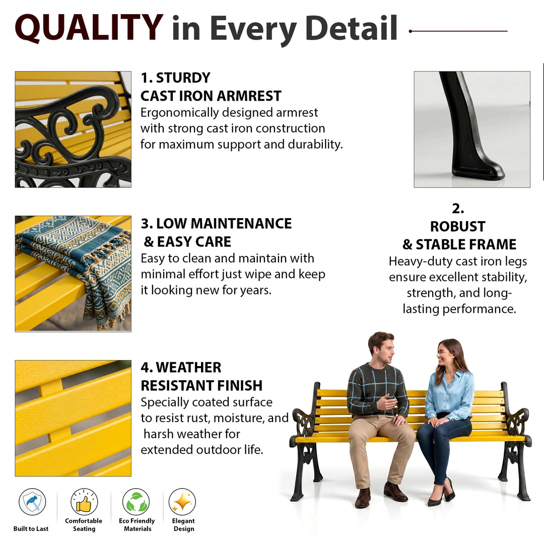 Strive Cast Iron 3 Seater Garden Bench for Outdoor Park - (Black + Yellow)