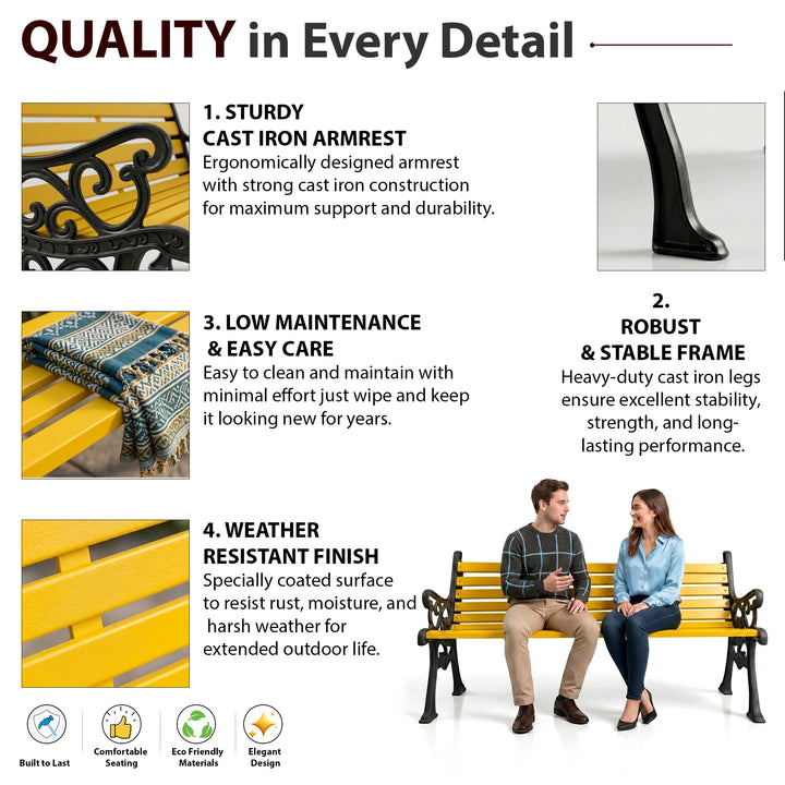 Strive Cast Iron 3 Seater Garden Bench for Outdoor Park - (Black + Yellow)