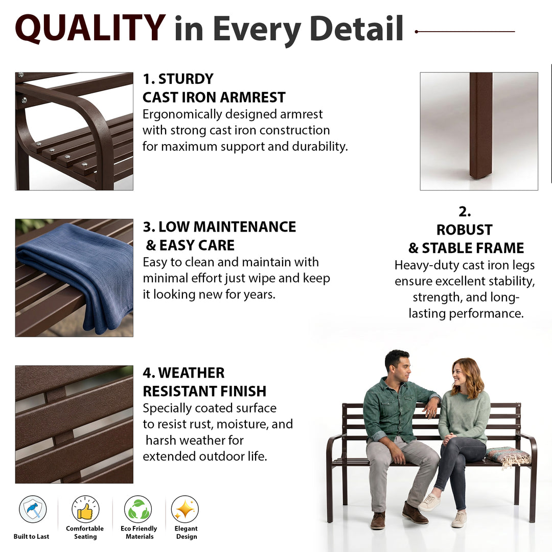 Bean Metal 3 Seater Garden Bench for Outdoor Park - (Brown)
