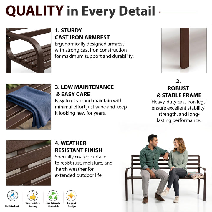 Bean Metal 3 Seater Garden Bench for Outdoor Park - (Brown)
