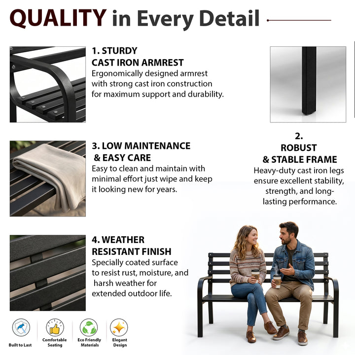 Timber Metal 2 Seater Garden Bench for Outdoor Park - (Black)