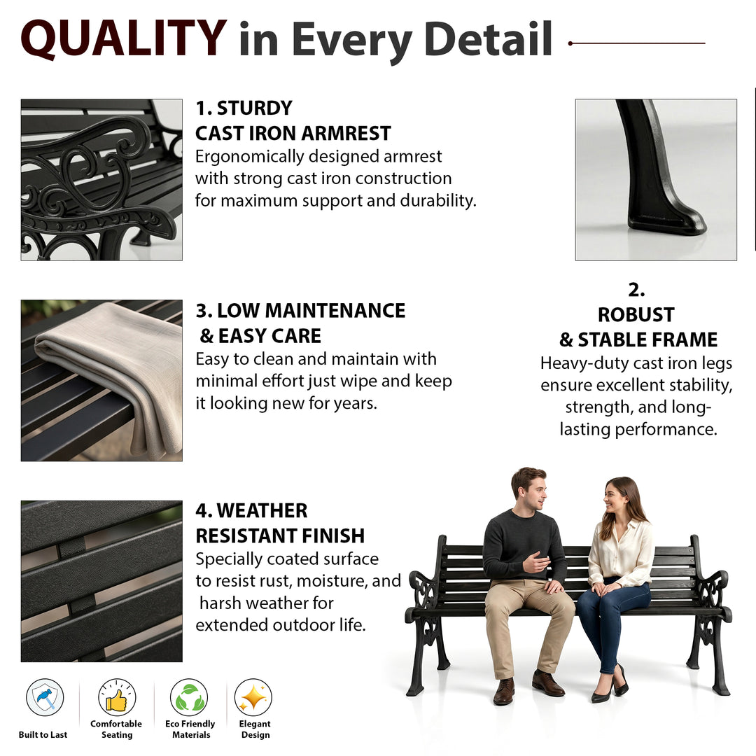 Lisa Cast Iron 3 Seater Garden Bench for Outdoor Park - (Black)