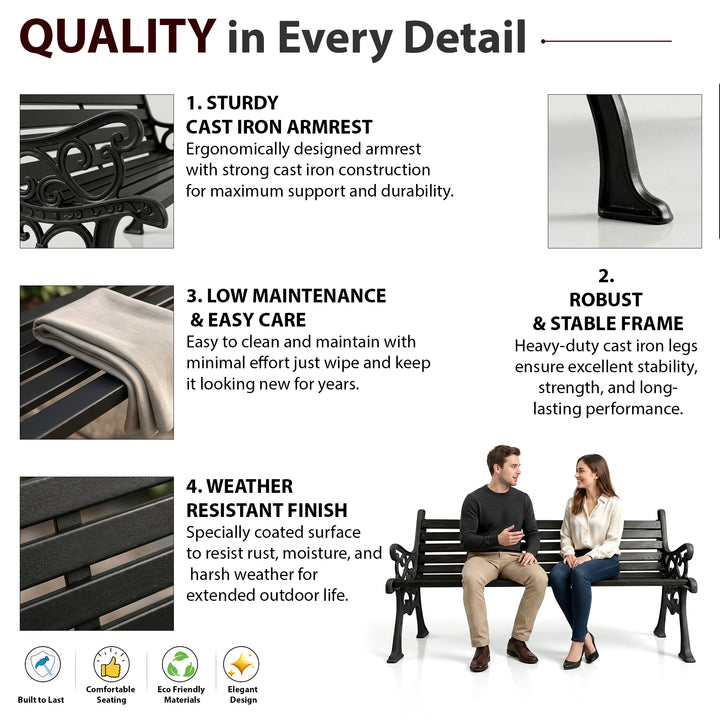 Lisa Cast Iron 3 Seater Garden Bench for Outdoor Park - (Black)