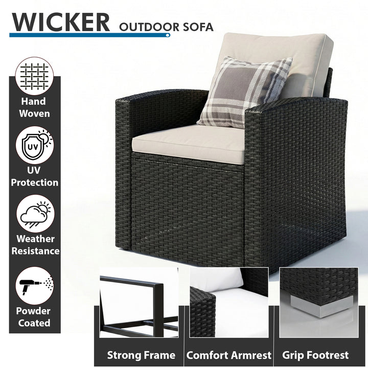 Vibo Outdoor Garden Balcony Sofa Set 3 Seater, 2 Single seater, 2 Ottoman and 1 Center Table Conversation Set (Black)