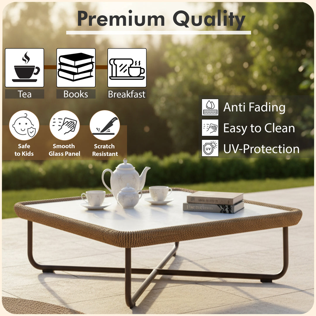 Elix Outdoor Sofa Set 2 Seater, 2 Single seater and 1 Center Table with ottoman (Tan) Braided & Rope