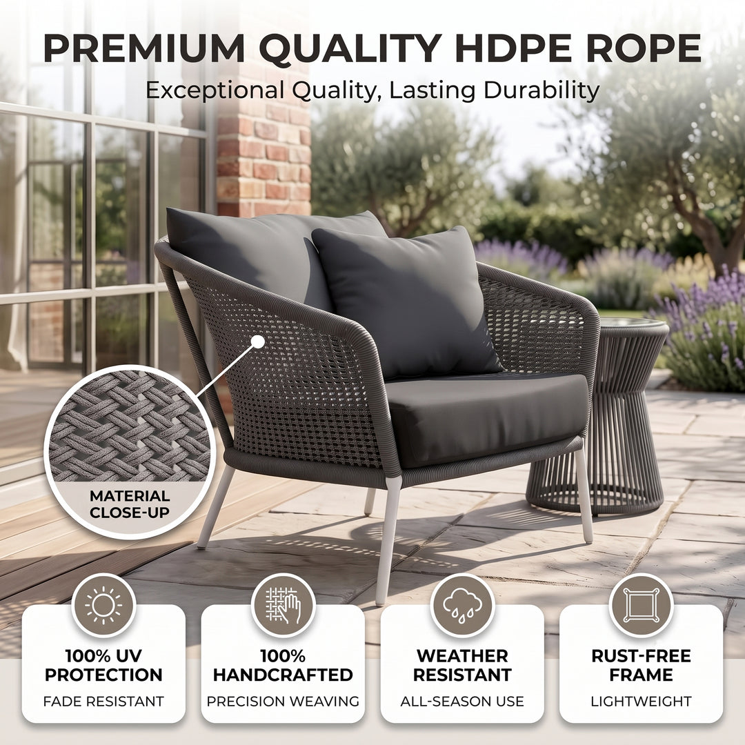 Aid Outdoor Patio Seating Set Single Chair and 1 Side Table Set (Grey) Braided & Rope