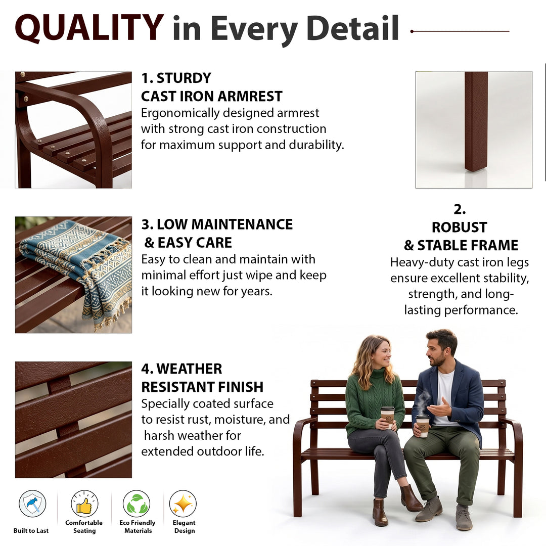 Nuevo Metal 2 Seater Garden Bench Outdoor Park - (Brown)