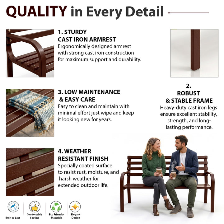 Nuevo Metal 2 Seater Garden Bench Outdoor Park - (Brown)
