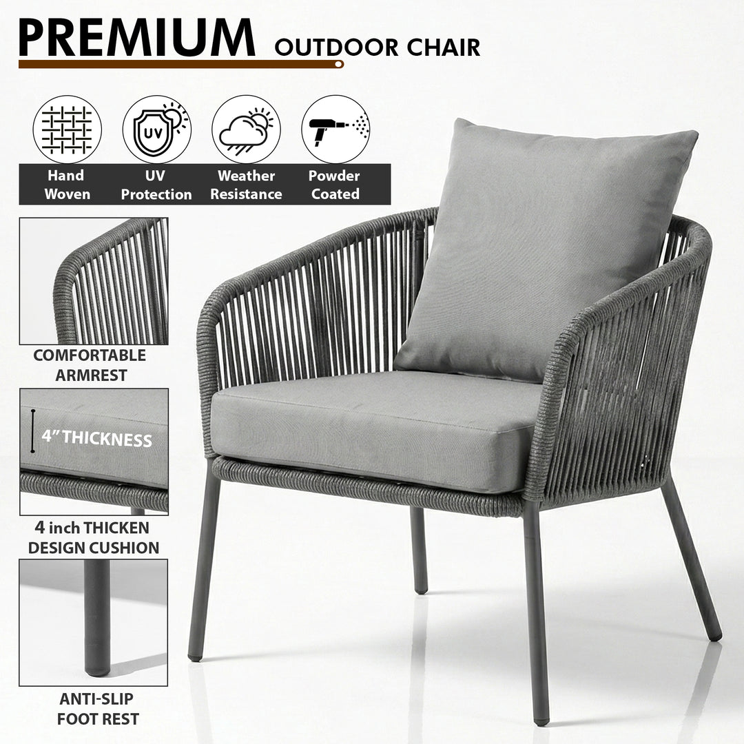 Akva Outdoor Sofa Set 3 Seater , 2 Single seater and 1 Center Table Set (Grey) Braided & Rope