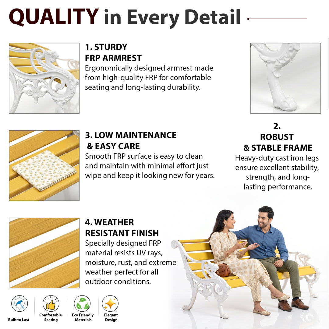 Pryce Cast Iron 3 Seater FRP Garden Bench for Outdoor Park - (White + Yellow)