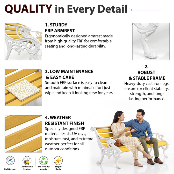 Pryce Cast Iron 3 Seater FRP Garden Bench for Outdoor Park - (White + Yellow)