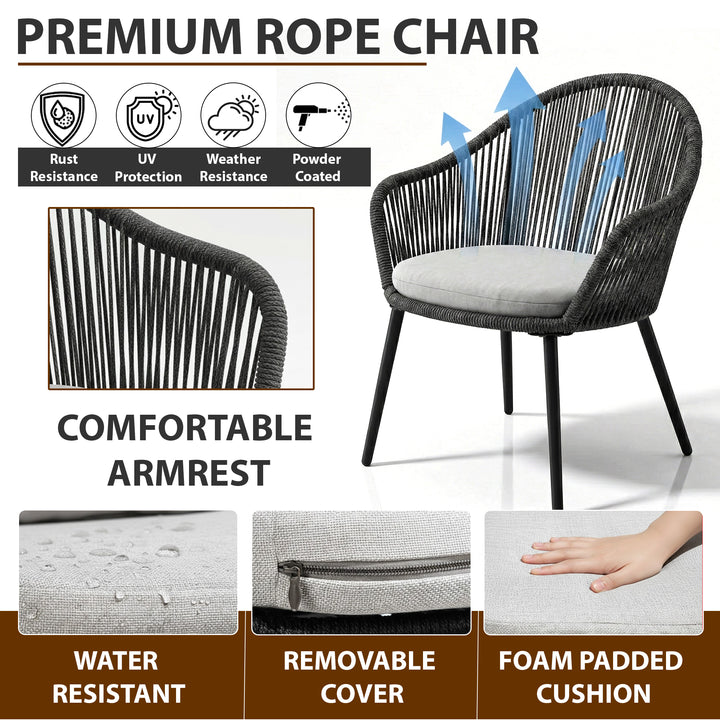 Conti Outdoor Patio Seating Set 2 Chairs and 1 Table Set (Grey) Braided & Rope