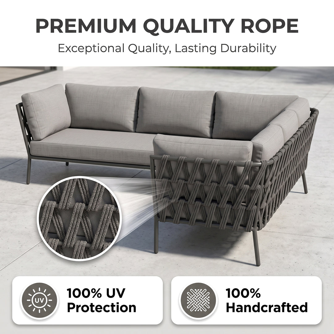 Magnus Outdoor Sofa Set 5 Seater, 1 Single seater and 2 Center Table Set (Dark Grey) Braided & Rope