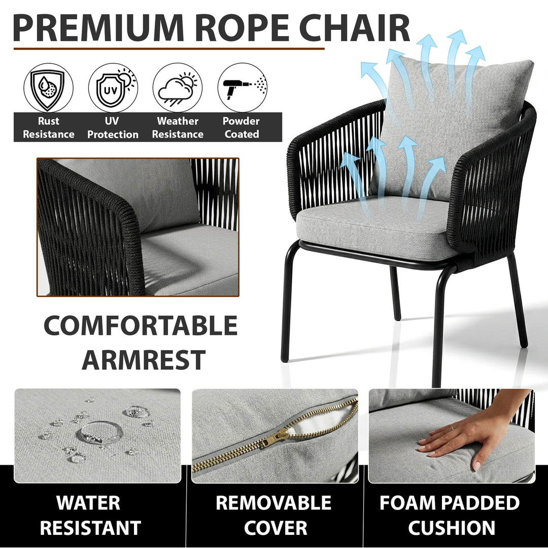 Luigi Outdoor Patio Seating Set 2 Chairs and 1 Table Set (Black) Braided & Rope