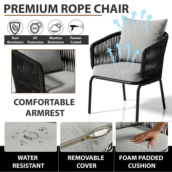 Luigi Outdoor Patio Seating Set 2 Chairs and 1 Table Set (Black) Braided & Rope