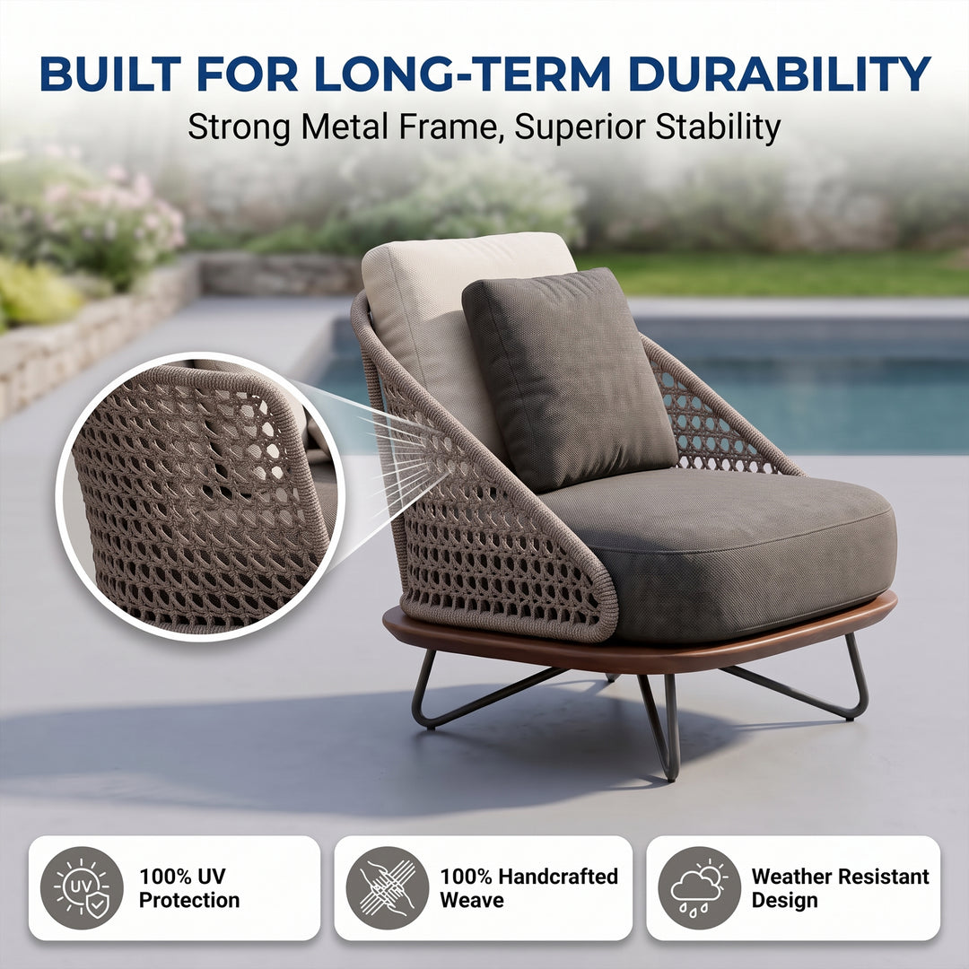 Alano Outdoor Garden Balcony Sofa Set 3 Seater, 2 Single Seater 1 Ottoman and 1 Center Table Set Braid & Rope (Grey)