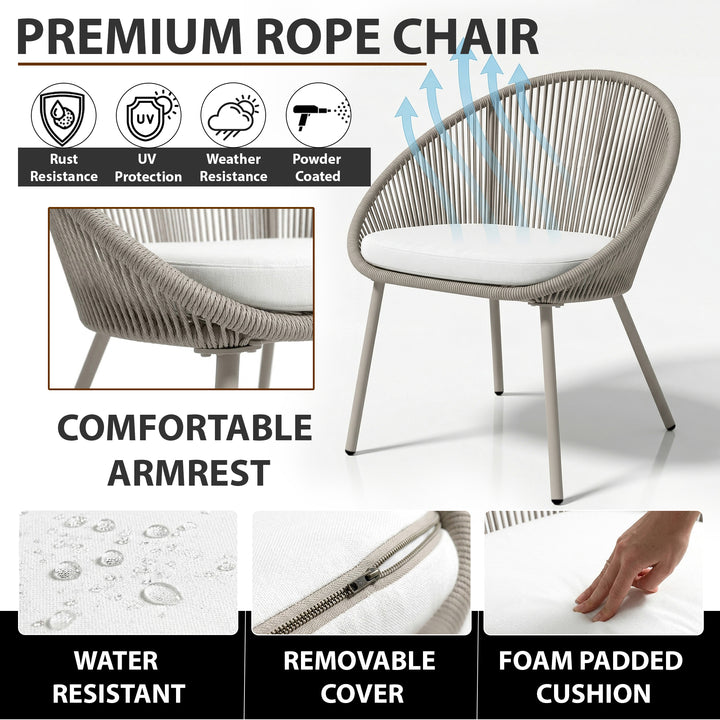 Soma Outdoor Patio Seating Set 2 Chairs and 1 Table Set (Grey) Braided & Rope