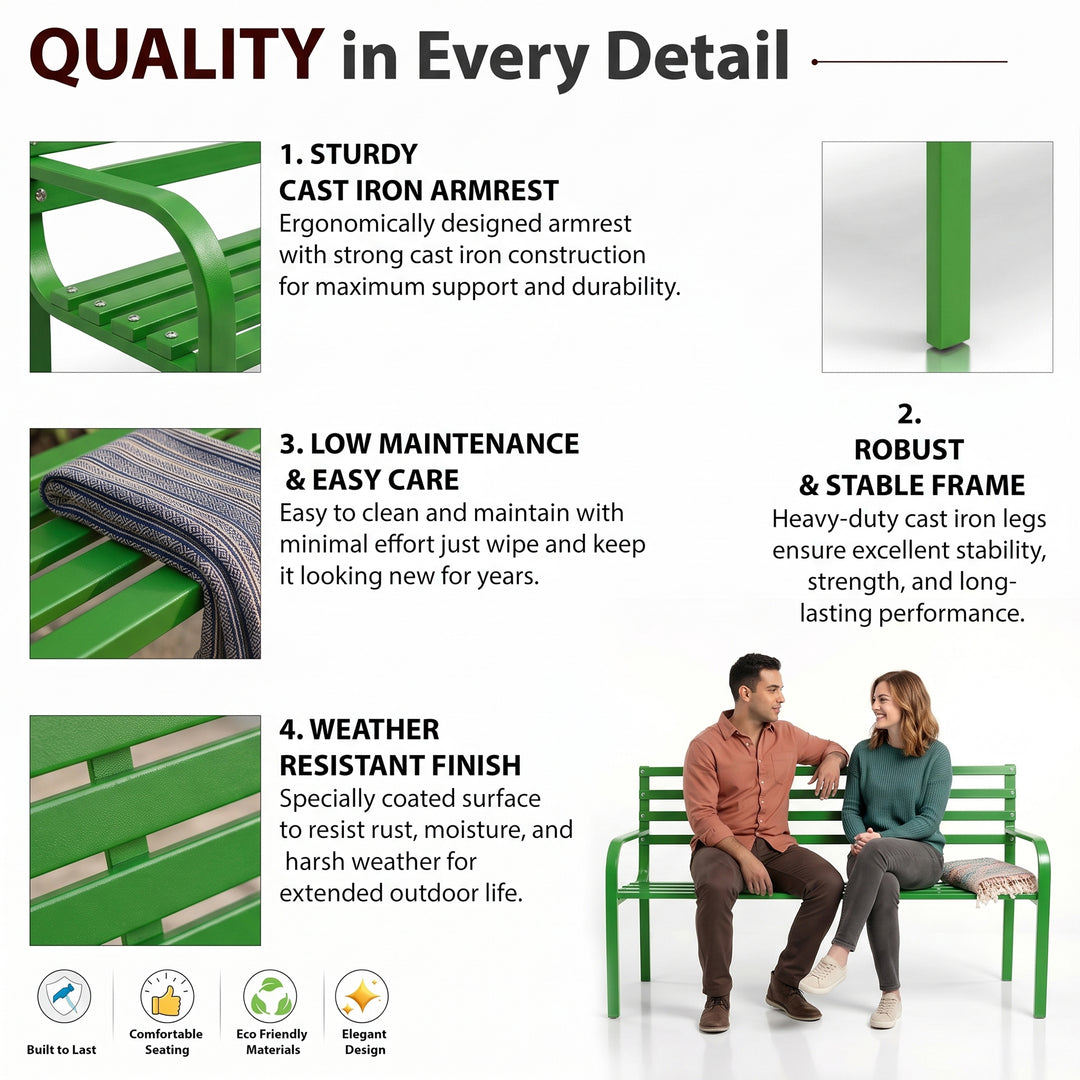 Linen Metal 3 Seater Garden Bench for Outdoor Park - (Green)