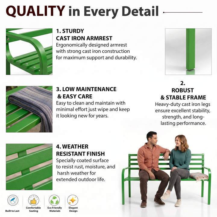 Linen Metal 3 Seater Garden Bench for Outdoor Park - (Green)