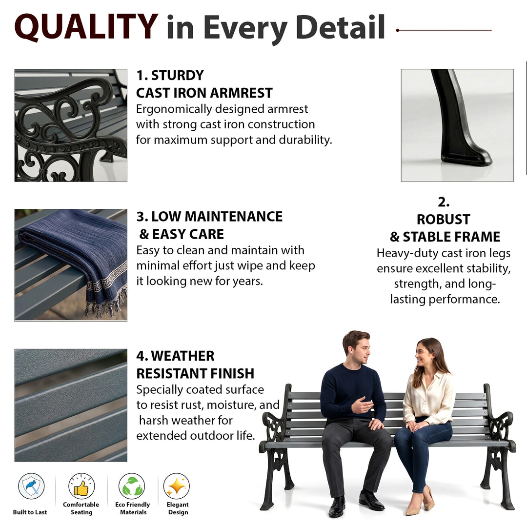 Wick Cast Iron 3 Seater Garden Bench for Outdoor Park - (Black + Grey)
