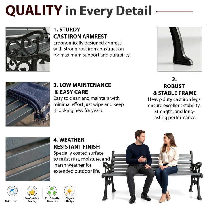 Wick Cast Iron 3 Seater Garden Bench for Outdoor Park - (Black + Grey)