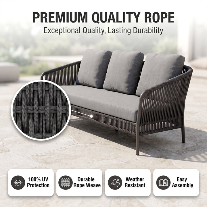 Madaki Outdoor Garden Balcony Sofa Set 3 Seater , 2 Single Seater and 1 Center Table & 1 Side Table Set, Braid & Rope (Grey)