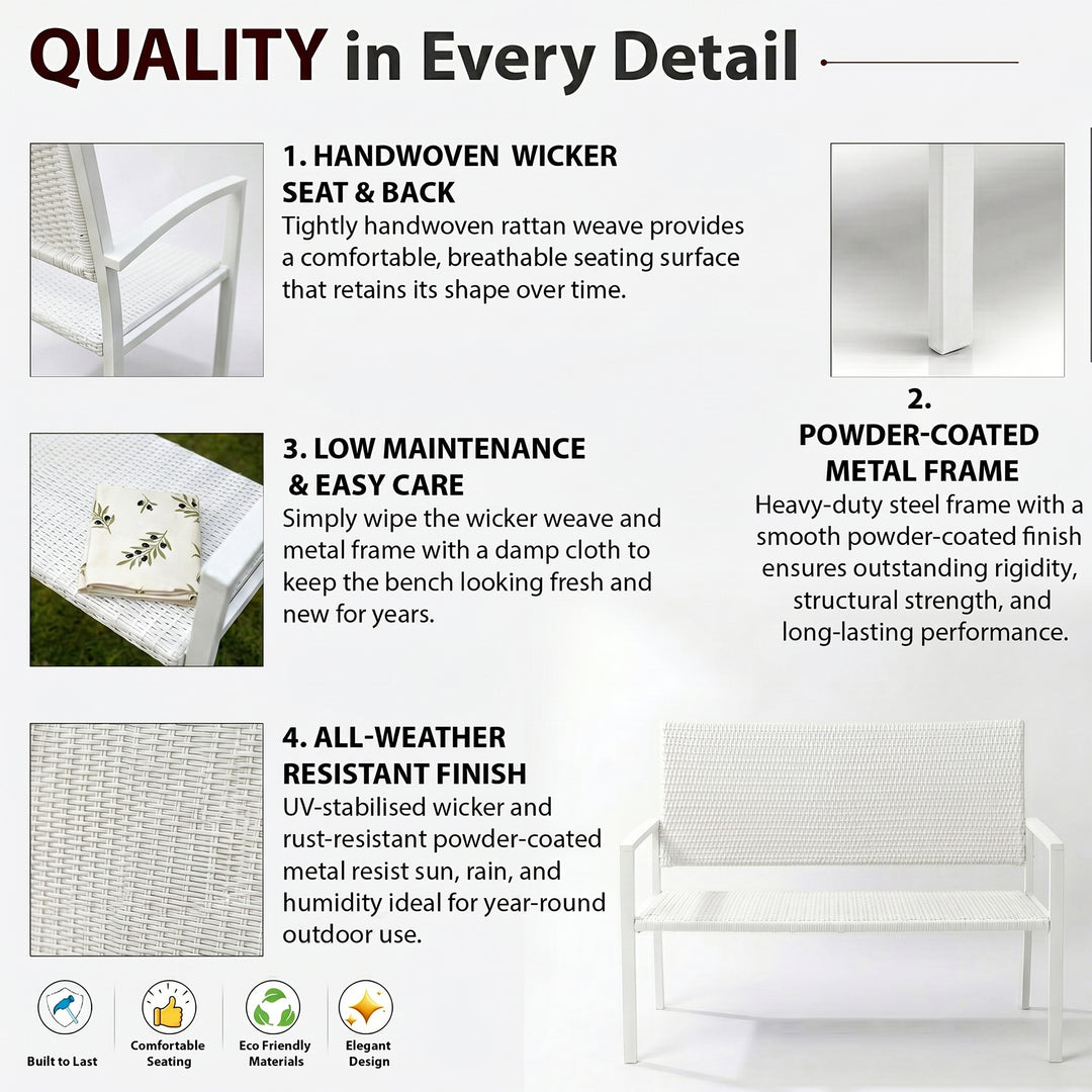 Bolton Wicker 2 Seater Garden Bench for Indoor & Outdoor Park - (White)