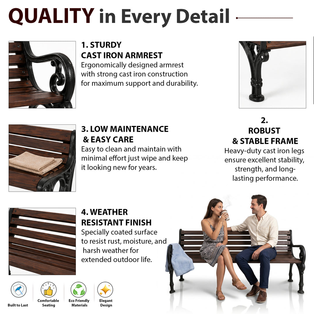 Ruben Cast Iron 3 Seater Garden Bench for Outdoor Park - (Brown)